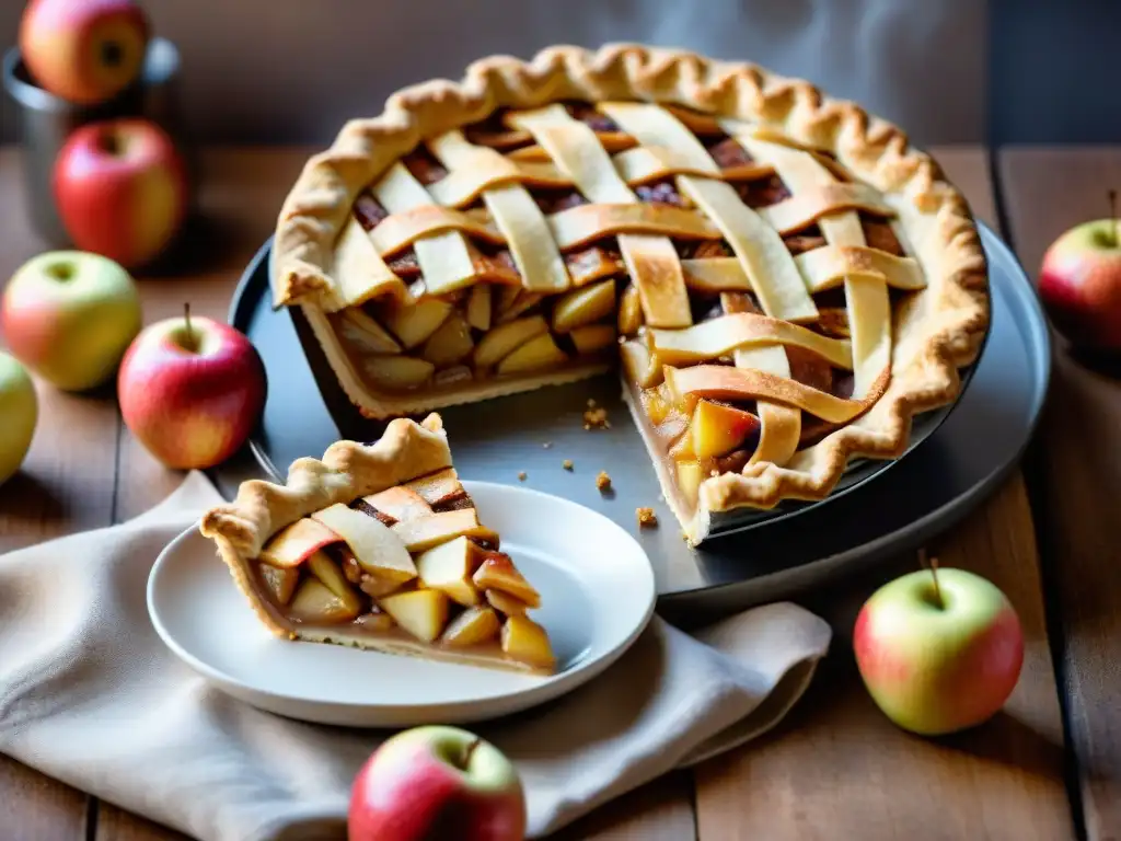 Tarta de manzana sin gluten recién horneada, con manzanas en rodajas y una mezcla de canela, en una mesa de madera rústica