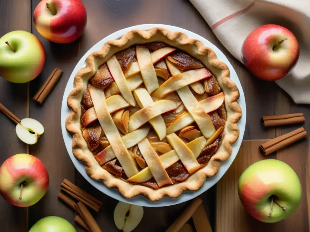 Tarta de manzana sin gluten recién horneada en una mesa rústica, con manzanas en rodajas y canela espolvoreada