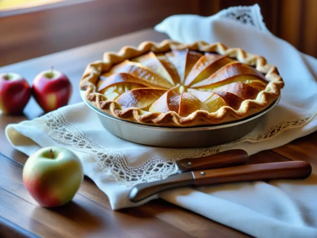 Una tarta de manzana sin gluten recién horneada sobre una mesa de madera rústica con mantel de encaje blanco, bañada por la luz del sol