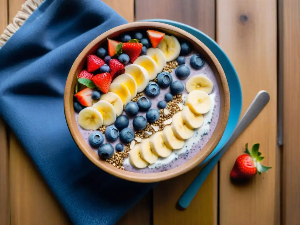 Un tazón de batido matutino sin gluten energético con frutas frescas y semillas, iluminado por la luz del sol