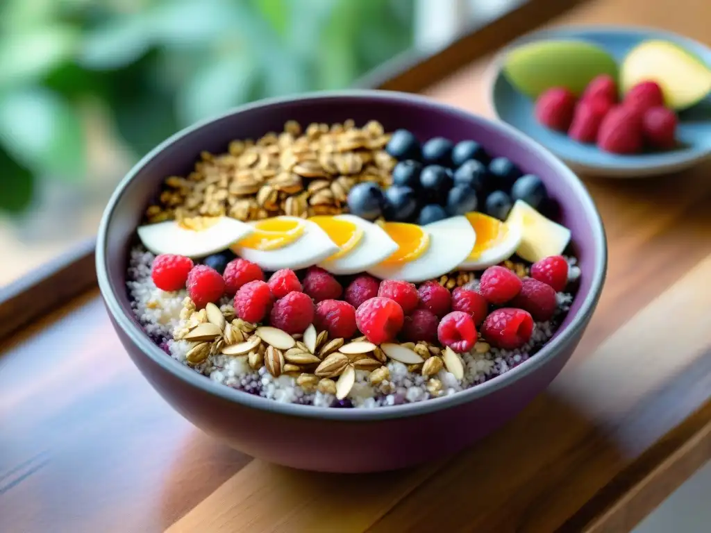 Un tazón de açaí colorido con frutas frescas, coco, semillas de chía y granola en una mesa rústica, rodeado de vegetación y luz solar