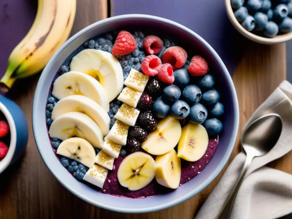 Un tazón de açaí colorido con frutas frescas y miel, en una mesa de madera rústica