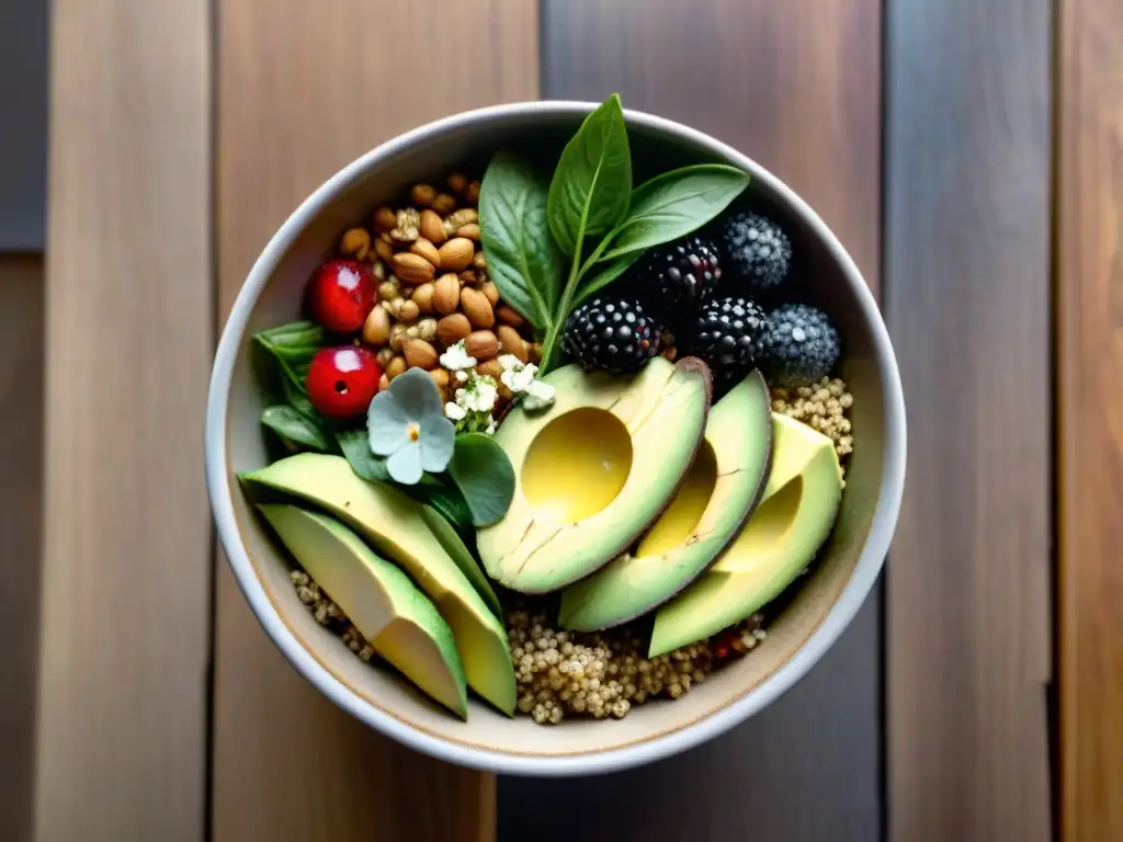 Un tazón de ensalada colorida y vibrante con ingredientes nutritivos sin gluten para concentración, sobre una mesa de madera