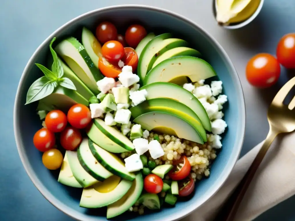 Un tazón de ensalada de quinua vibrante con ingredientes frescos y coloridos, perfecto para recetas sin gluten con quinoa