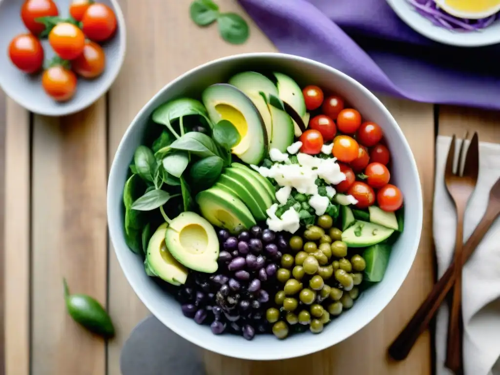 Un tazón de ensalada vibrante con aderezos sin gluten, repleto de vegetales frescos y coloridos, en un entorno rústico apetitoso