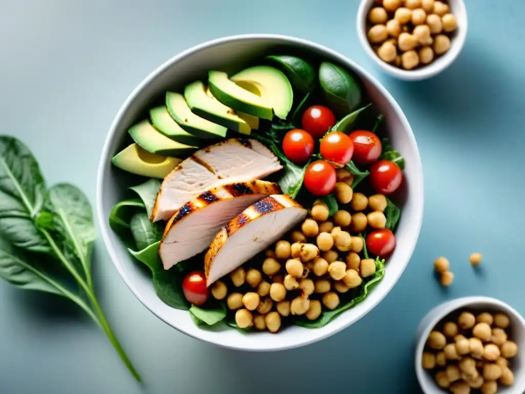 Un tazón de ensalada vibrante y colorida con proteínas sin gluten en la dieta