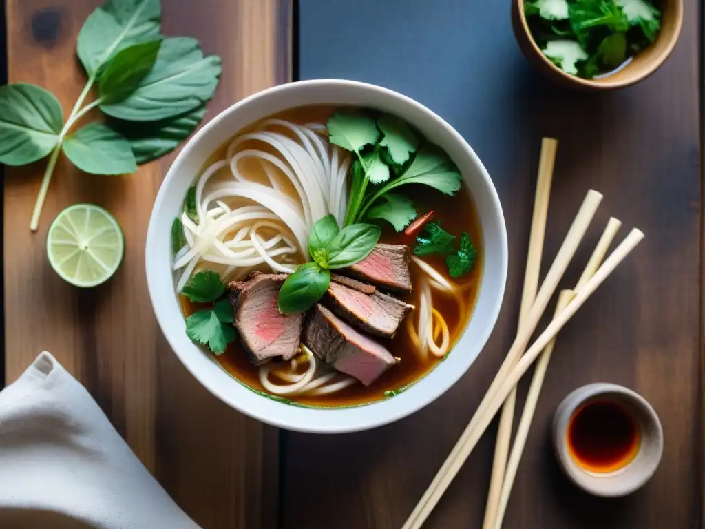 Un tazón humeante de Pho sin gluten, con todos sus ingredientes frescos, sobre una mesa de madera rústica