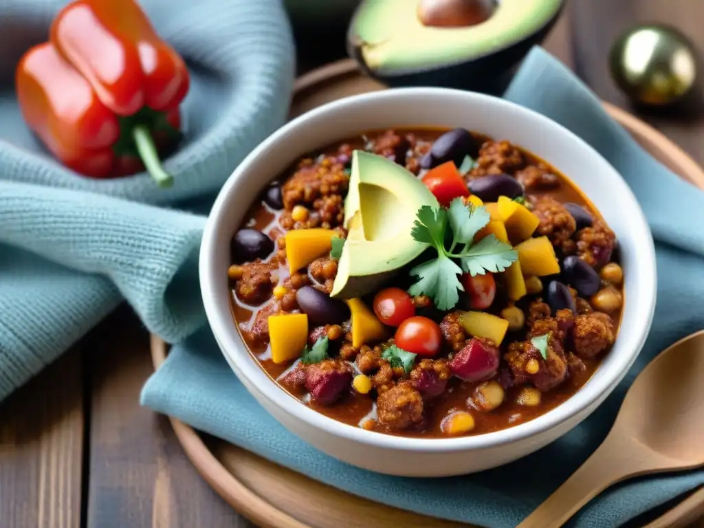 Un tazón humeante de chili vegano, rodeado de pan sin gluten y una manta de lana, evocando calidez en un día frío