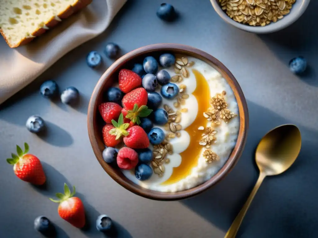 Deliciosa avena sin gluten con bayas frescas en tazón de madera Un tazón de madera rebosante de porridge sin gluten nutritivo, adornado con bayas frescas