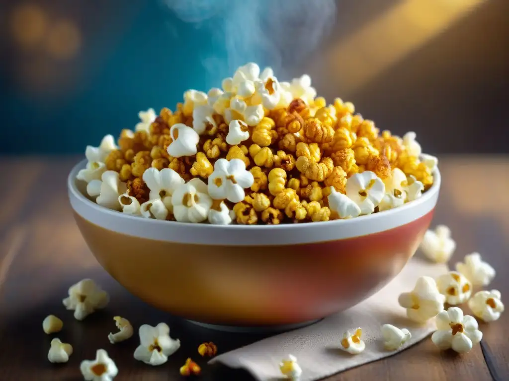 Un tazón de palomitas especias sin gluten, con un toque de color y aroma irresistibles