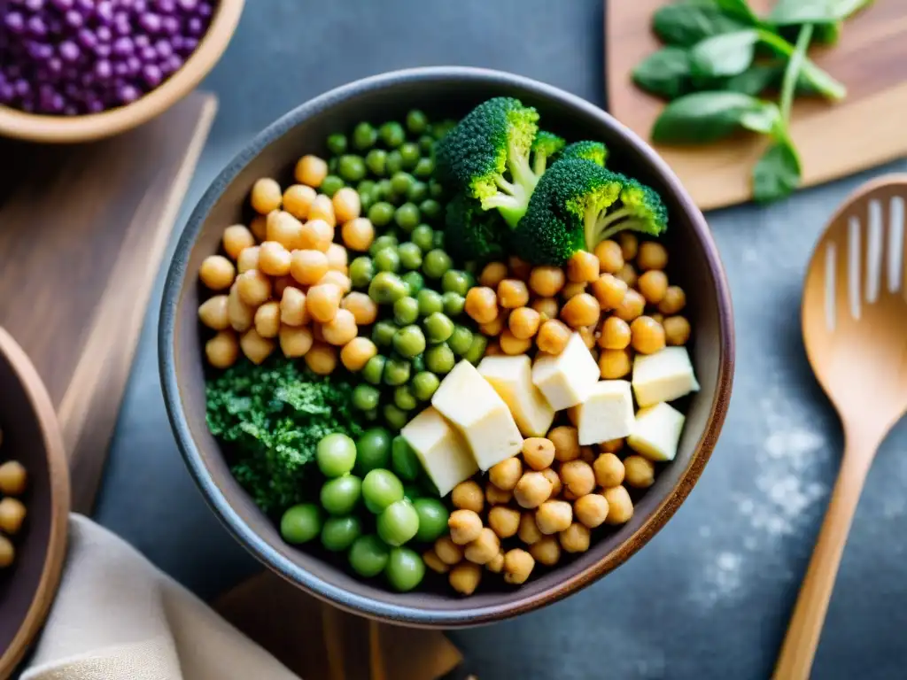 Un tazón vibrante y colorido de proteínas vegetales sin gluten, con quinoa, garbanzos, tofu y verduras, en una mesa de madera rústica