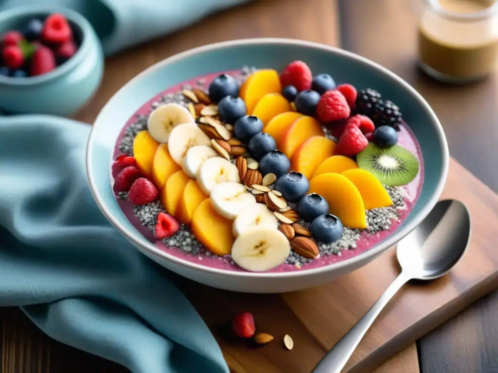 Un tazón vibrante de smoothie con chía, bayas y almendras, sobre mesa rústica