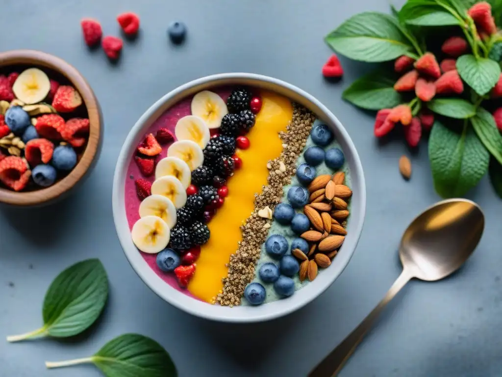 Un tazón vibrante de super alimentos sin gluten batidos, con chía, bayas y almendras en una mesa de madera rodeada de vegetación exuberante