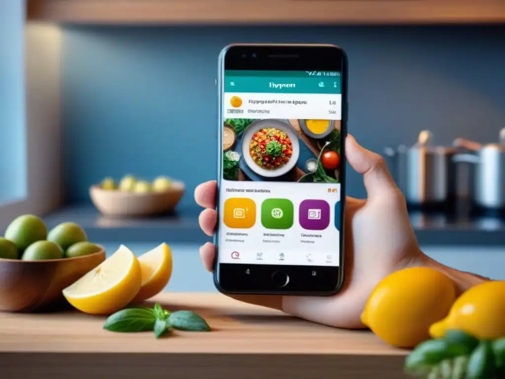 Teléfono móvil moderno mostrando app de Recetas sin gluten innovadoras en cocina elegante