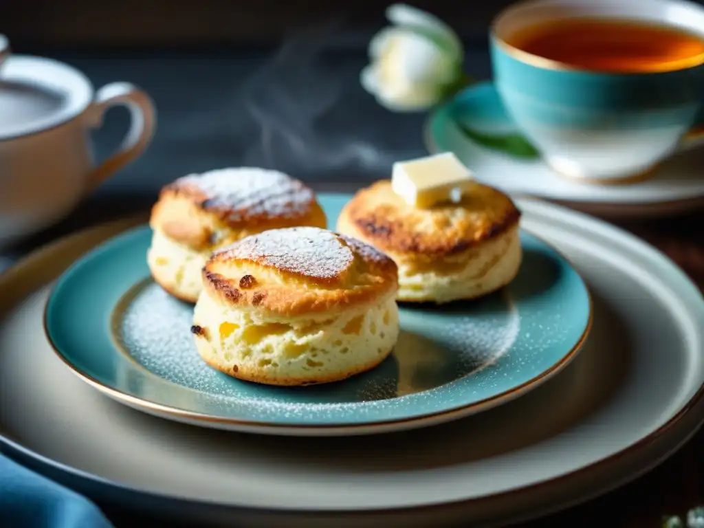 Un tentador bodegón de scones sin gluten receta fácil, dorados y espolvoreados con azúcar glas, junto a una taza de té inglés