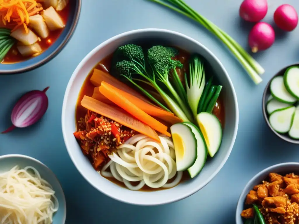 Un tentador bowl de kimchi sin gluten, rebosante de col fermentada y vegetales coloridos