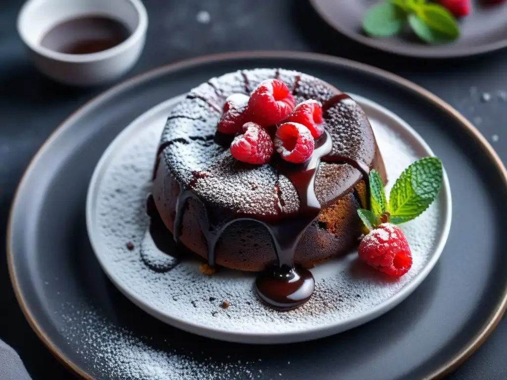 Un tentador pastel de lava de chocolate sin gluten, decorado con frambuesas y menta, sobre un elegante plato blanco