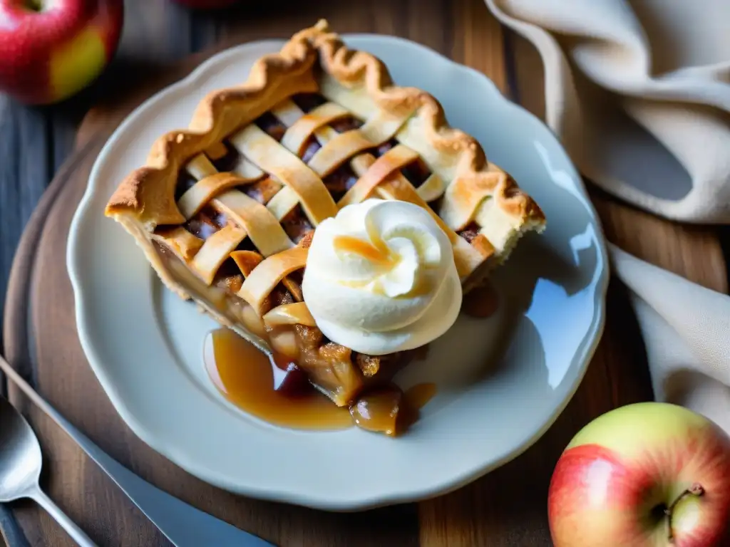 Un tentador pastel de manzana sin gluten con helado de vainilla, rodeado de ingredientes y utensilios para hornear