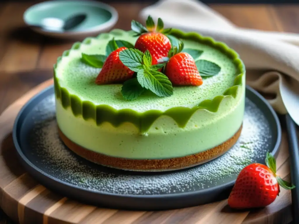 Tentador pastel de matcha sin gluten para San Patricio, decorado con fresas frescas y hojas de menta en una mesa rústica