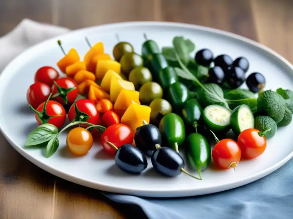 Un tentador pincho de verduras arcoíris con tomates cherry, pimientos, pepinos y aceitunas negras