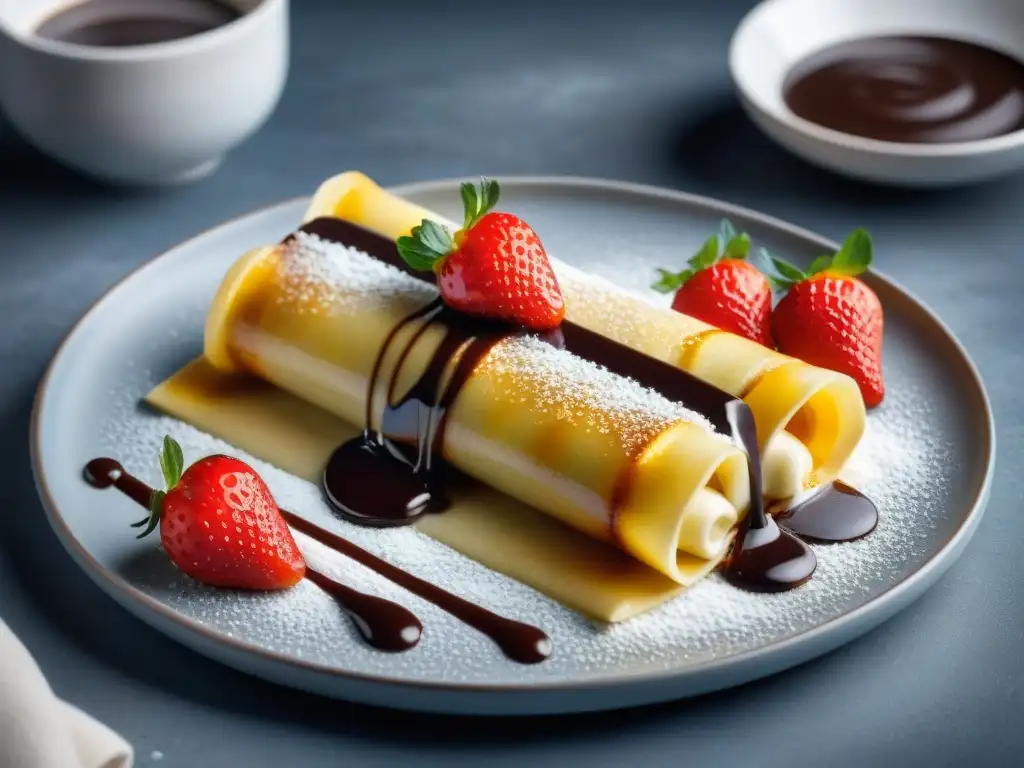 Un tentador plato de Canelones dulces sin gluten, bañados en salsa de chocolate y decorados con fresas frescas y azúcar glas