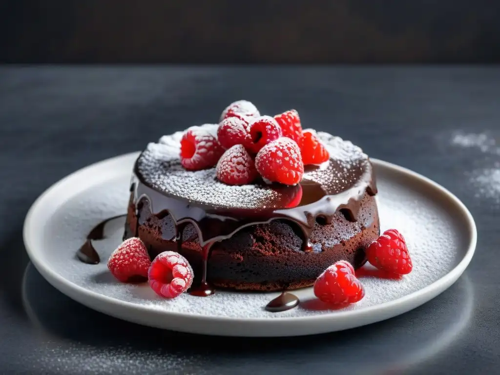 Un tentador postre sin gluten: exquisito pastel de chocolate con frambuesas frescas y azúcar glass