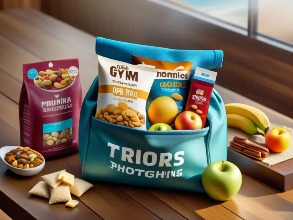 Un tentador surtido de snacks sin gluten para deportistas en una moderna bolsa de gimnasio sobre un banco de madera