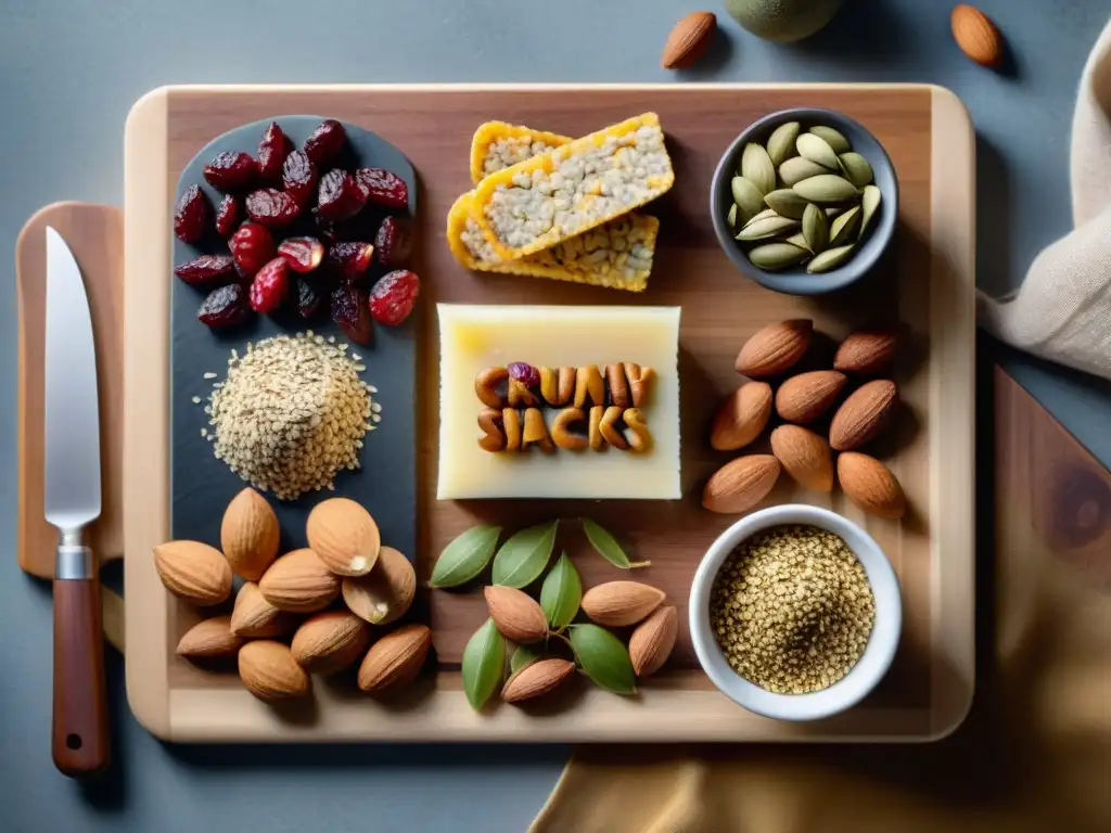 Un tentador surtido de snacks sin gluten con frutos secos dispuesto en una tabla de madera, irradiando energía natural