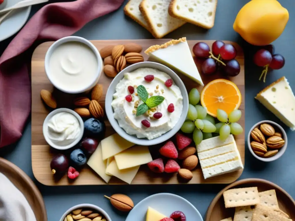 Un tentador tablero de embutidos con sustitutos de queso crema sin gluten, frutas frescas y frutos secos en una mesa de madera rústica