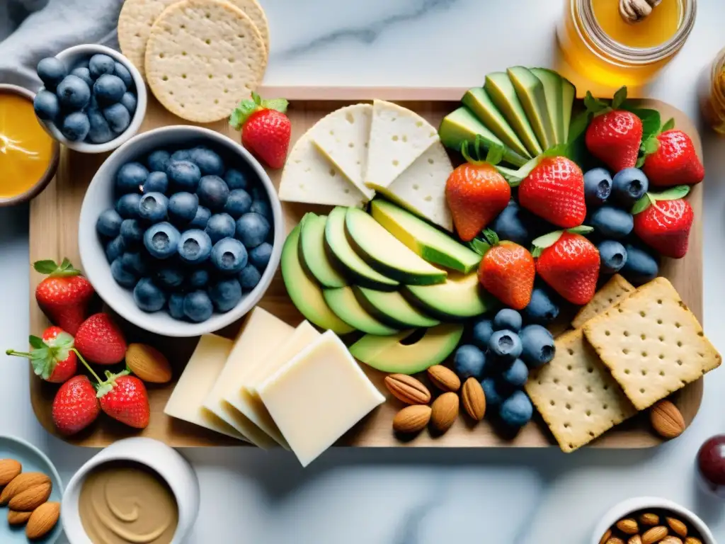 Un tentador tablero de snacks saludables sin gluten y paleo, rebosante de coloridas frutas, nueces crujientes y crackers variados