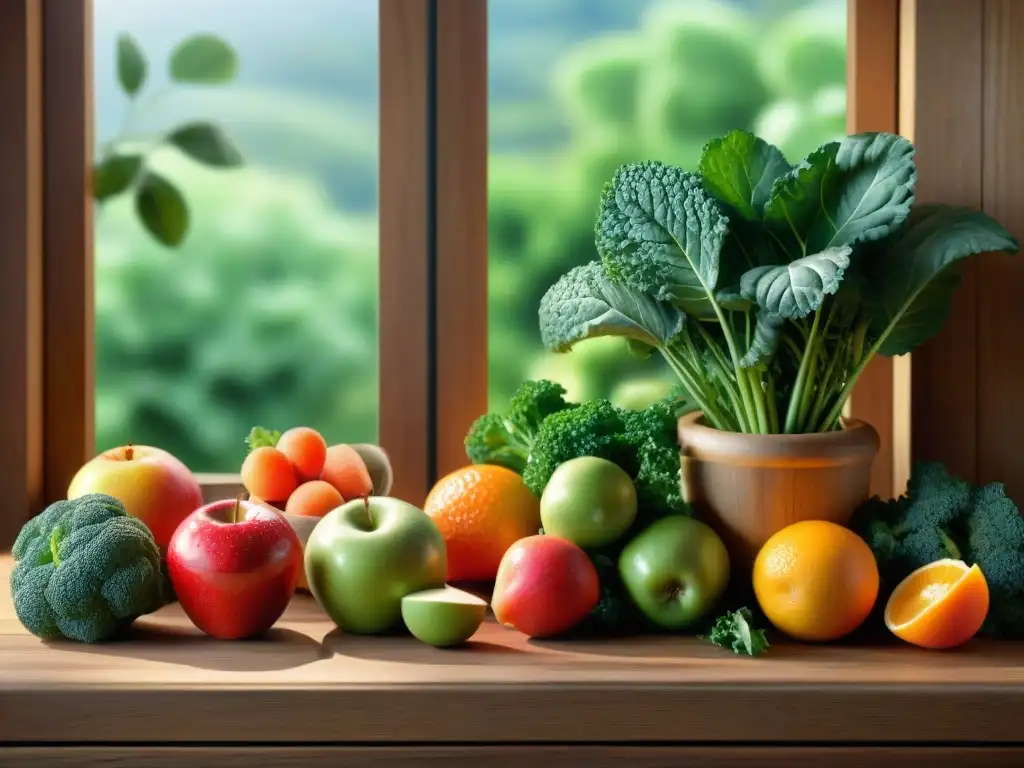 Una tentadora y colorida selección de frutas y verduras frescas sin gluten sobre una mesa de madera rústica, bañadas por la luz del sol