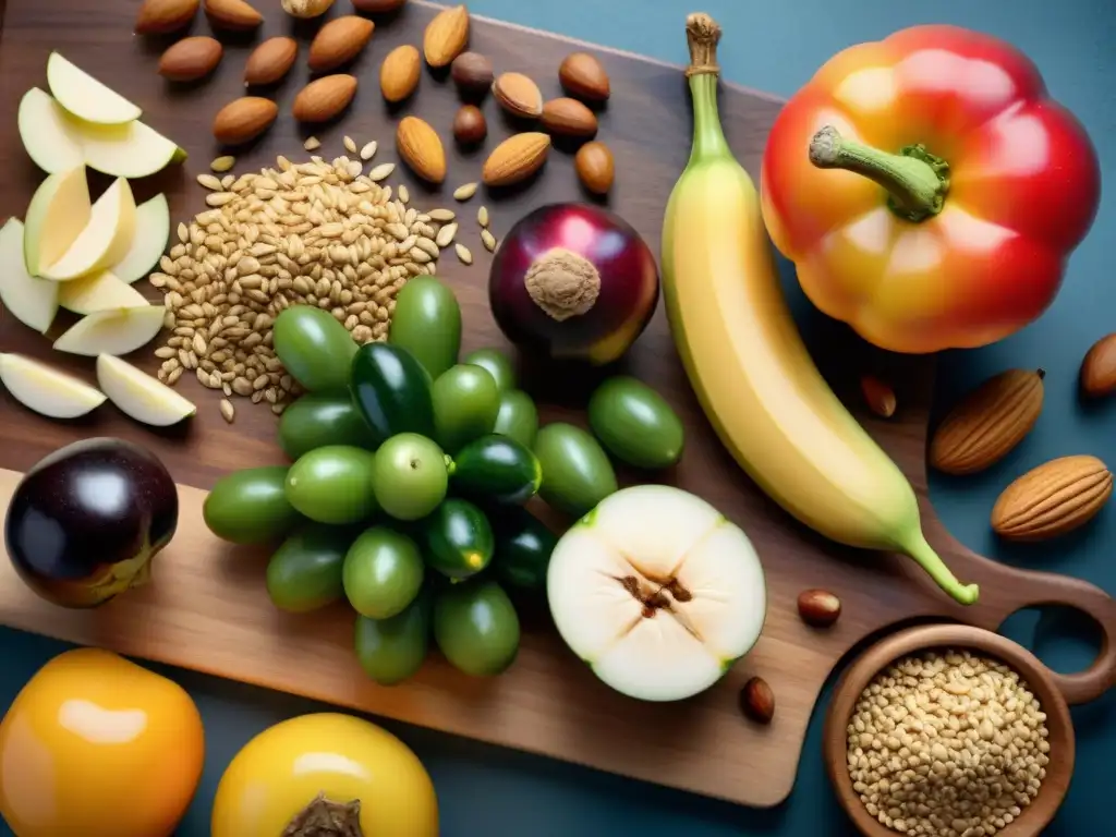 Una tentadora y equilibrada composición de frutas, vegetales, frutos secos y granos coloridos en una tabla de madera