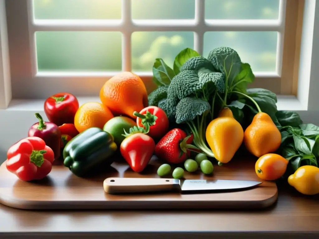 Una tentadora muestra de frutas y verduras frescas en una tabla de cortar de madera, resaltando la belleza natural y la frescura de los ingredientes