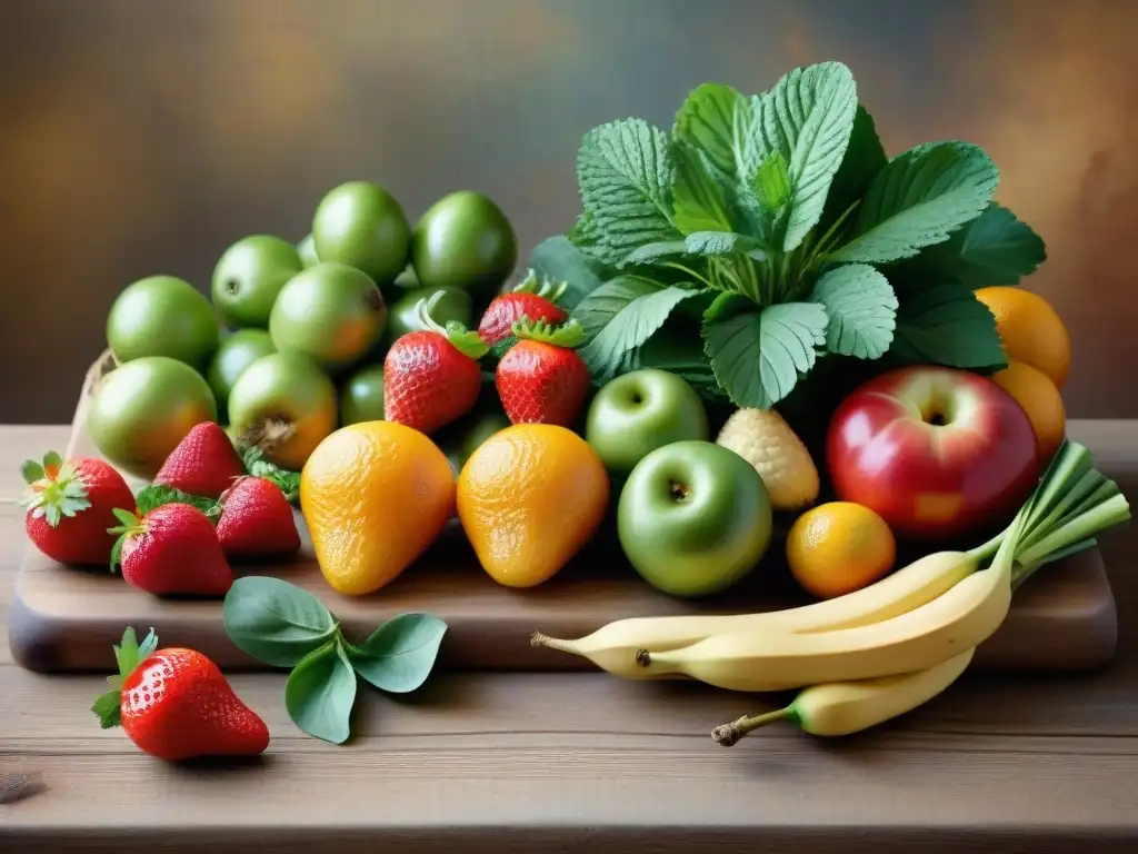 Una tentadora selección de frutas frescas y verduras en una mesa rústica