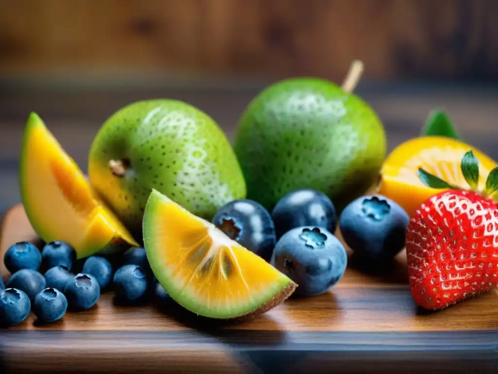 Una tentadora selección de frutas frescas en una tabla de madera rústica, ideal para la receta paletas frutas sin gluten