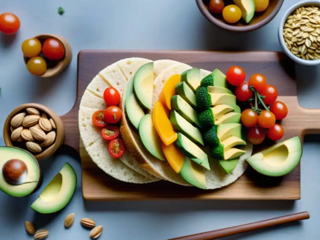 Una tentadora selección de meriendas sin gluten para niños con frutas, arroz, granola y frutos secos en tabla de madera