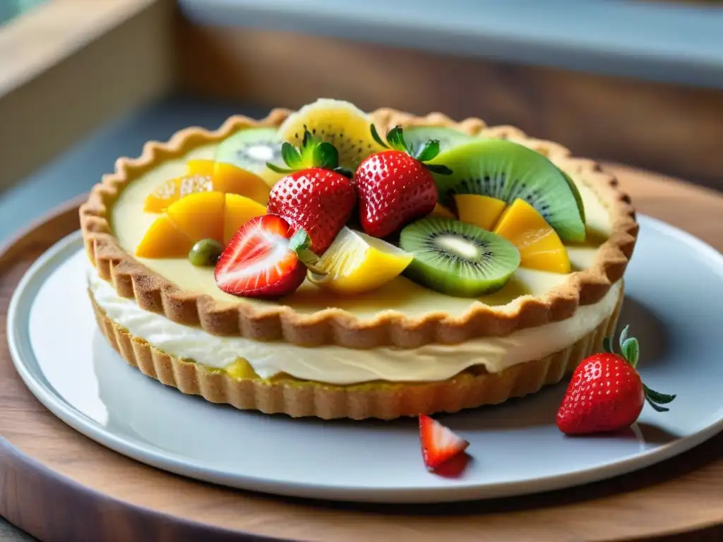 Una tentadora selección de postres sin gluten con frutas frescas en una mesa rústica iluminada por la luz natural, ¡Recetas postres sin gluten frutas!