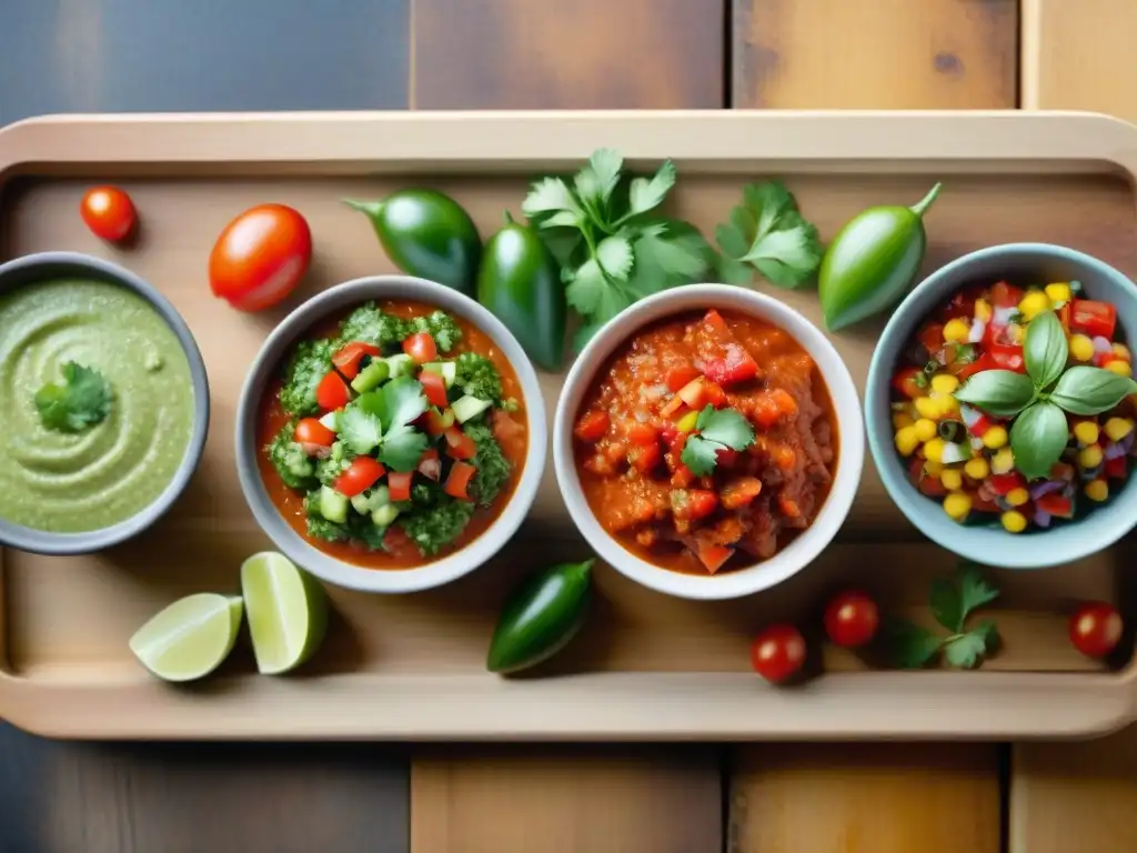 Una tentadora selección de salsas sin gluten para cocinar, coloridas y deliciosas en cuencos de vidrio sobre una mesa de madera