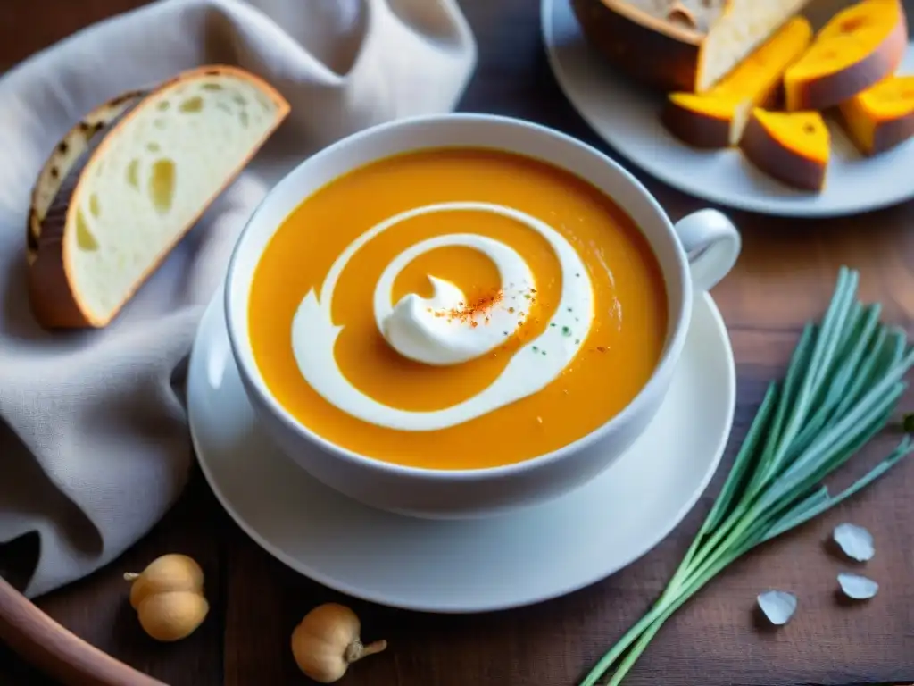 Una tentadora sopa de calabaza sin gluten para invierno con crema de coco, cebollino y pimentón ahumado en una mesa de madera