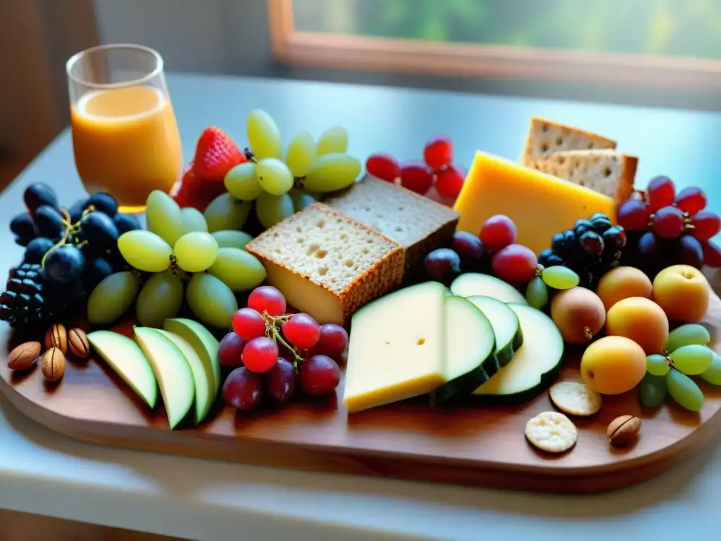 Una tentadora tabla de embutidos sin gluten con frutas coloridas, quesos artesanales y frutos secos en una mesa rústica