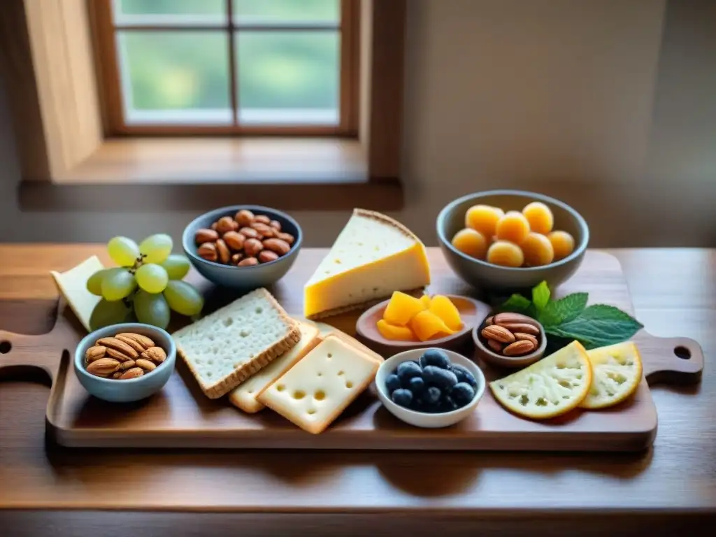 Una tentadora tabla de embutidos sin gluten innovadora, con quesos, frutas y frutos secos, sobre mesa rústica