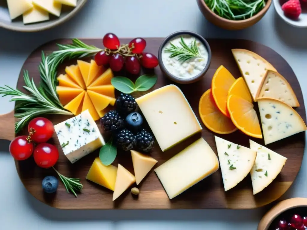 Una tentadora tabla de embutidos con queso, frutas y dips, presentada con elegancia en un tablero de madera rústico