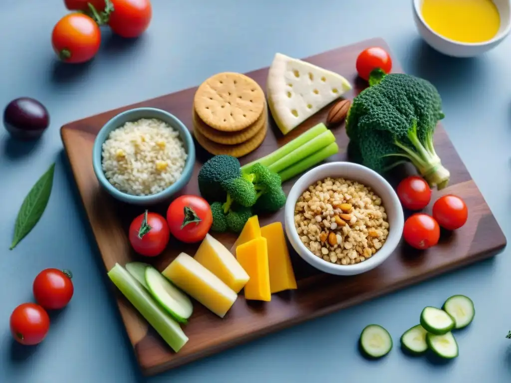 Una tentadora tabla de snacks sin gluten saludables: vegetales, hummus, frutas, nueces y semillas, todo dispuesto con colorida y fresca vibrancia