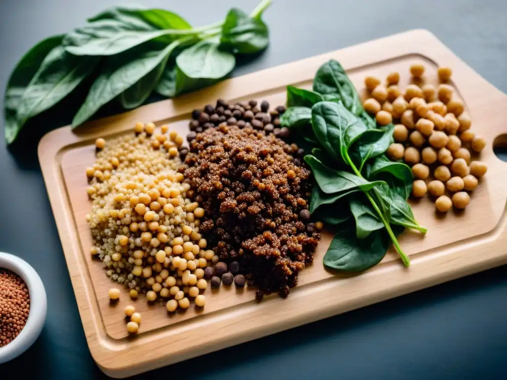 Deliciosas opciones de alimentos ricos en hierro en una dieta sin gluten Una tentadora variedad de alimentos ricos en hierro sobre tabla de madera
