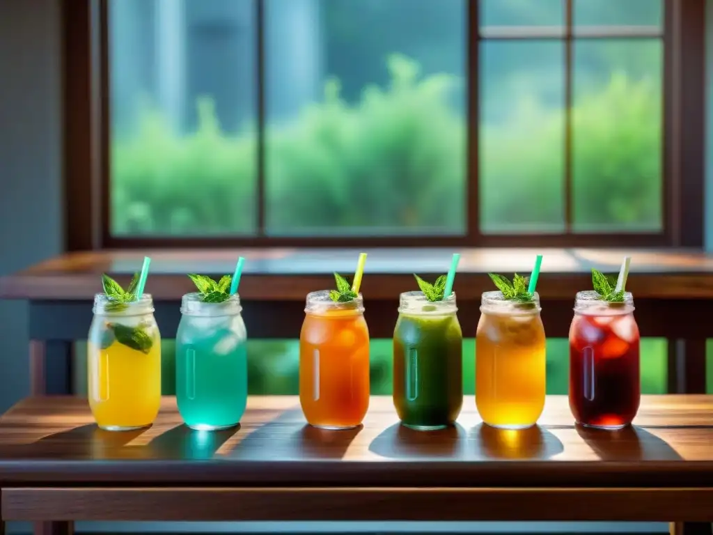 Deliciosas bebidas sin gluten: frescura y color en cada sorbo Una tentadora variedad de bebidas sin gluten saludables, coloridas y refrescantes, en una mesa de madera rústica