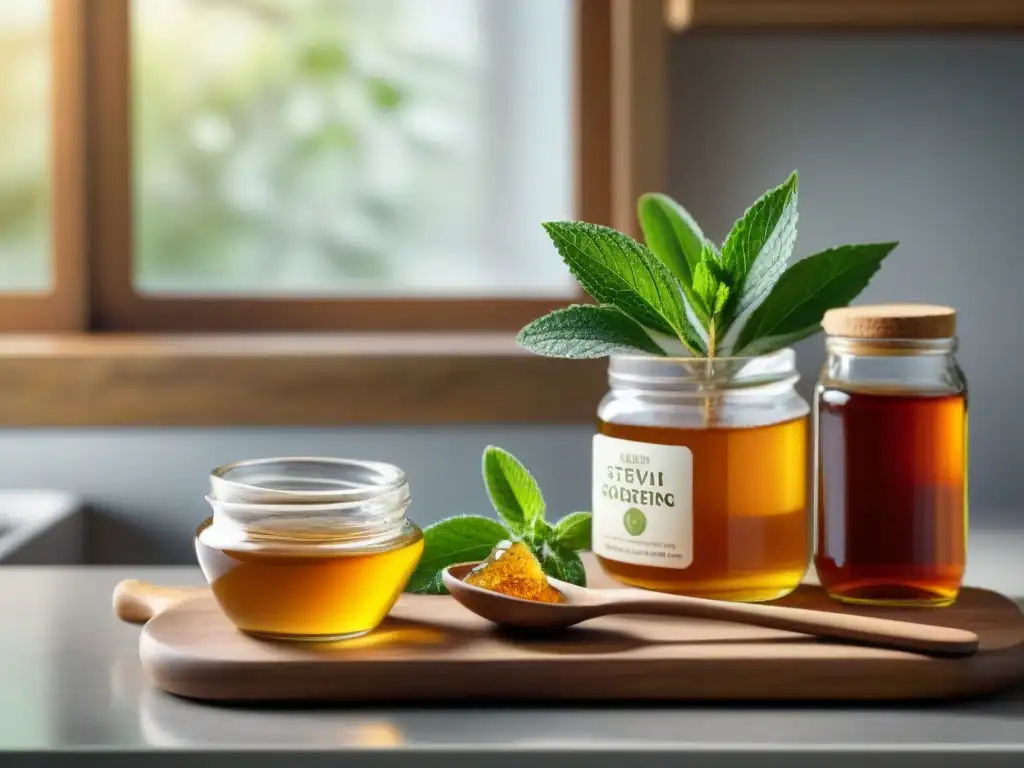 Selección de Edulcorantes Naturales Sin Gluten en Cocina Moderna Una tentadora variedad de edulcorantes naturales sin gluten en una cocina moderna y luminosa