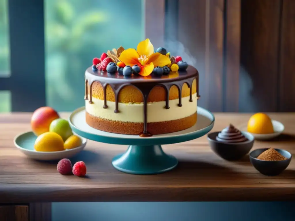 Una tentadora variedad de exquisitos bizcochos sin gluten, decorados con frutas vibrantes y flores comestibles, sobre una mesa rústica de madera