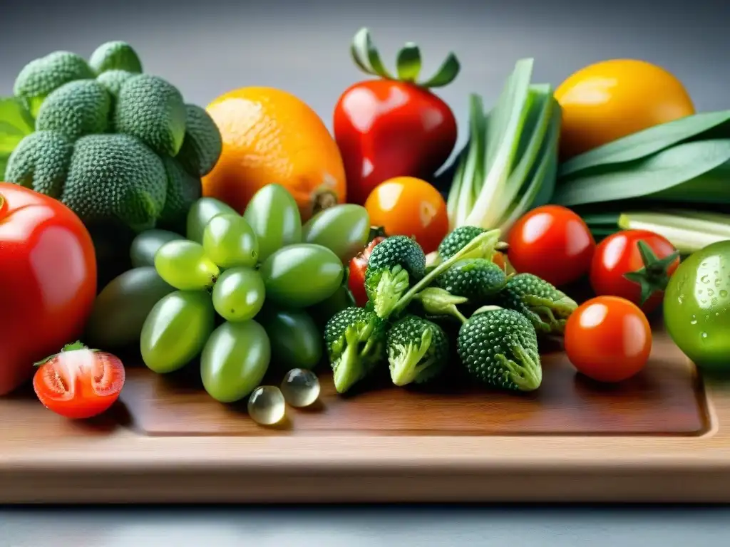 Una tentadora variedad de frutas y verduras frescas, organizadas en una tabla de cortar de madera, con gotas de agua brillando en sus superficies