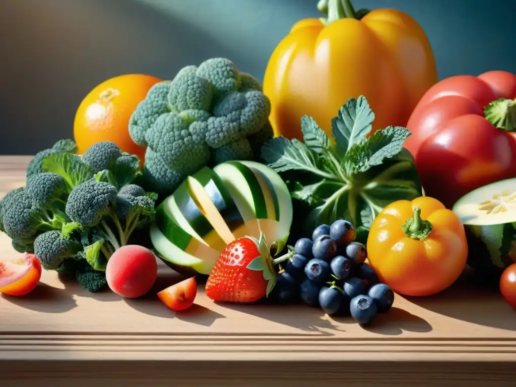 Una tentadora variedad de frutas y verduras frescas en una mesa rústica