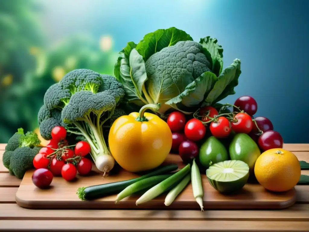 Una tentadora variedad de frutas y verduras frescas en tabla de madera con gotas de agua